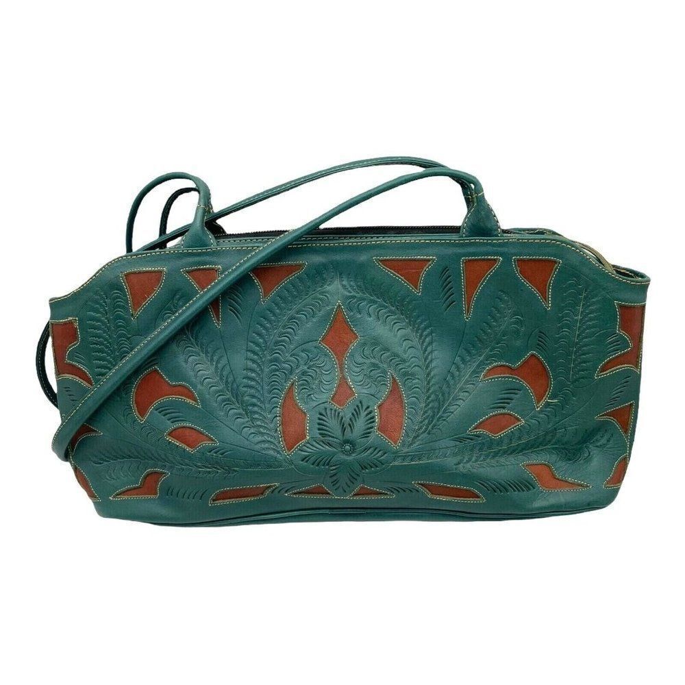 LEADERS IN LEATHER Hand Tooled Cutout Multi Color Leather Purse Bag